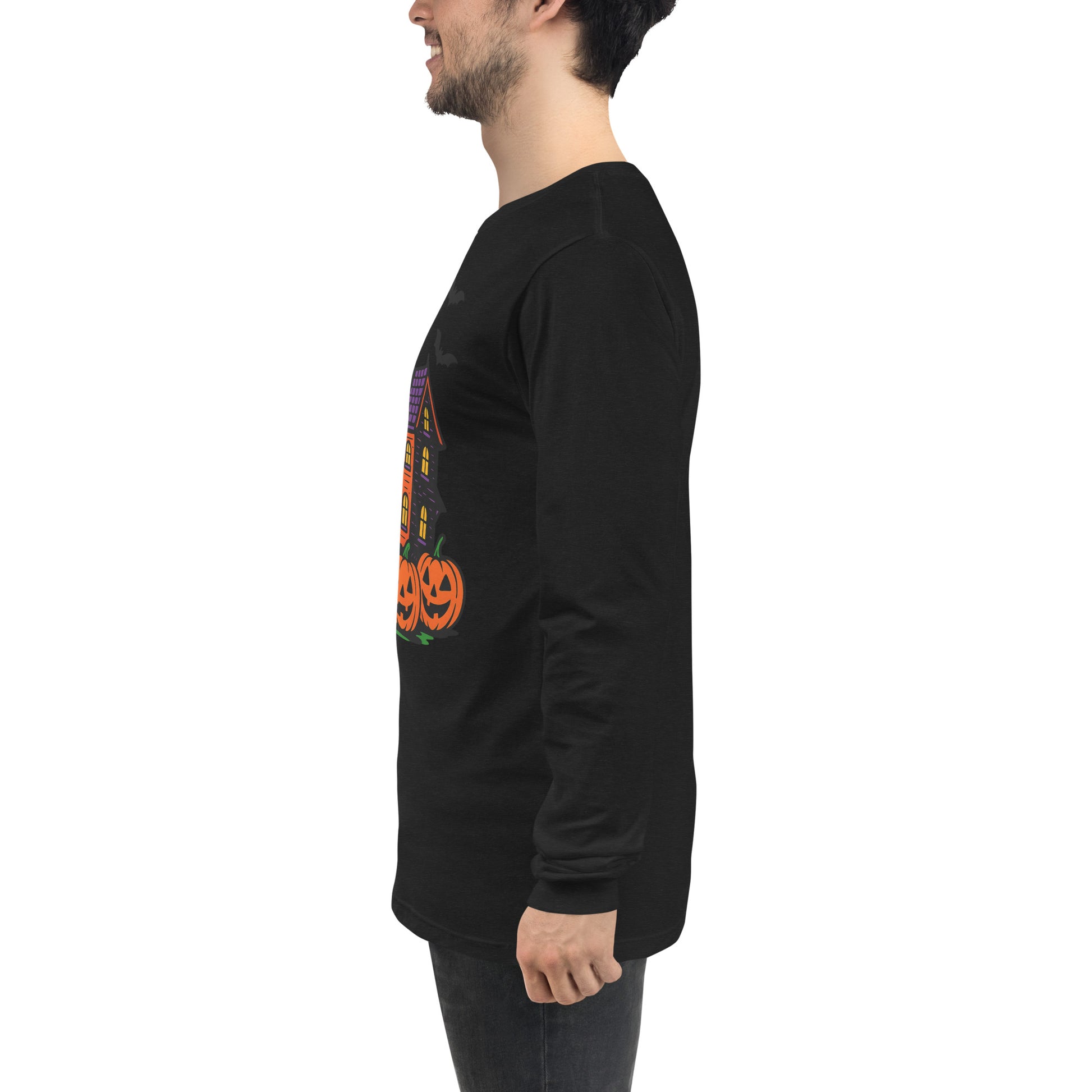Haunted Halloween House Unisex Long Sleeve Tee  from Rare Plus Apparel – unique movie & pop culture inspired design.