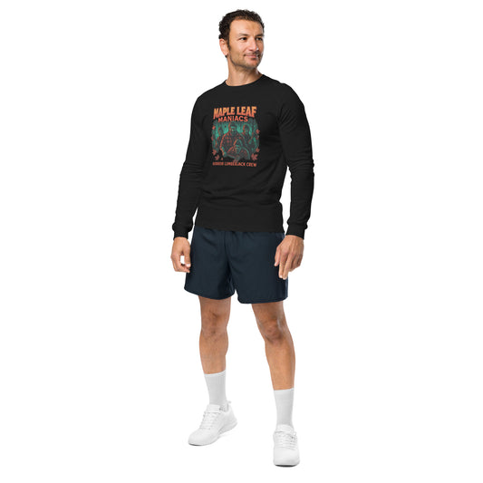 Maple Leaf Maniacs Unisex Long Sleeve Tee  from Rare Plus Apparel – unique movie & pop culture inspired design.