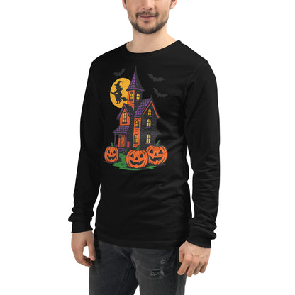 Haunted Halloween House Unisex Long Sleeve Tee  from Rare Plus Apparel – unique movie & pop culture inspired design.