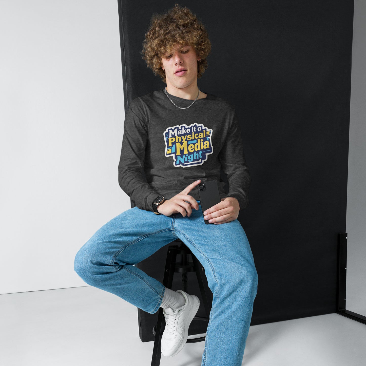 Make it a Physical Media Night Unisex Long Sleeve Tee  from Rare Plus Apparel – unique movie & pop culture inspired design.