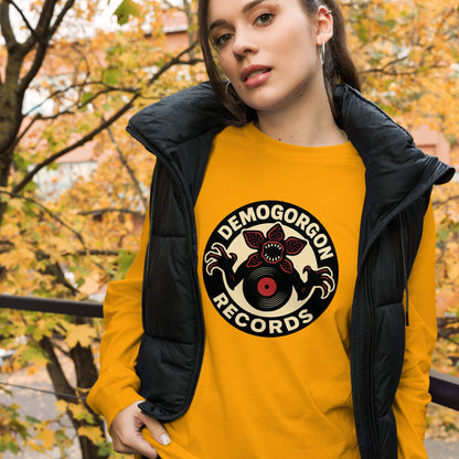 Demogorgon Records Unisex Long Sleeve Tee  from Rare Plus Apparel – unique movie & pop culture inspired design.