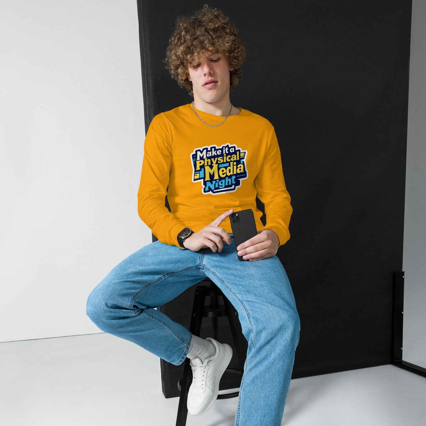 Make it a Physical Media Night Unisex Long Sleeve Tee  from Rare Plus Apparel – unique movie & pop culture inspired design.