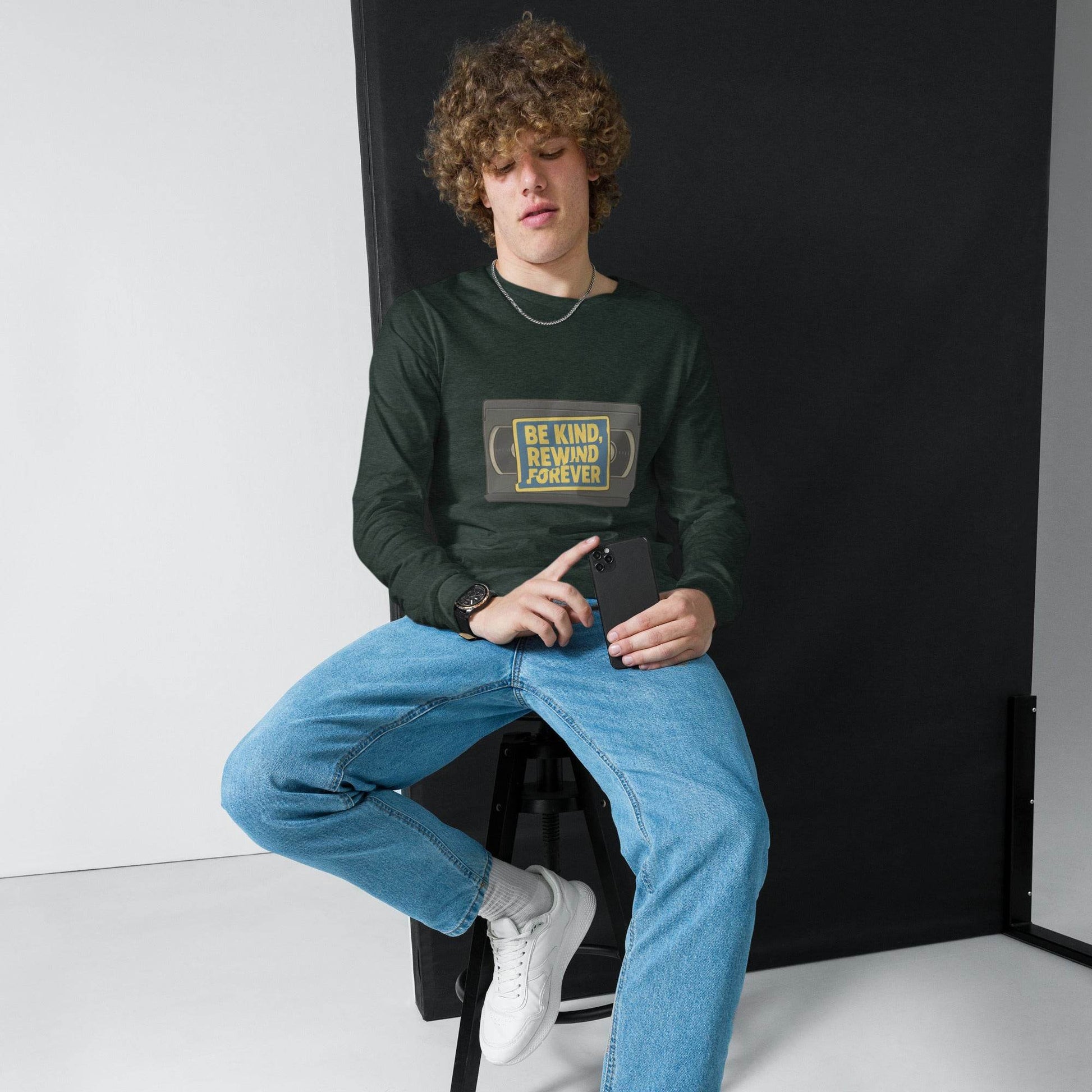 Be Kind, Rewind Forever Unisex Long Sleeve Tee  from Rare Plus Apparel – unique movie & pop culture inspired design.