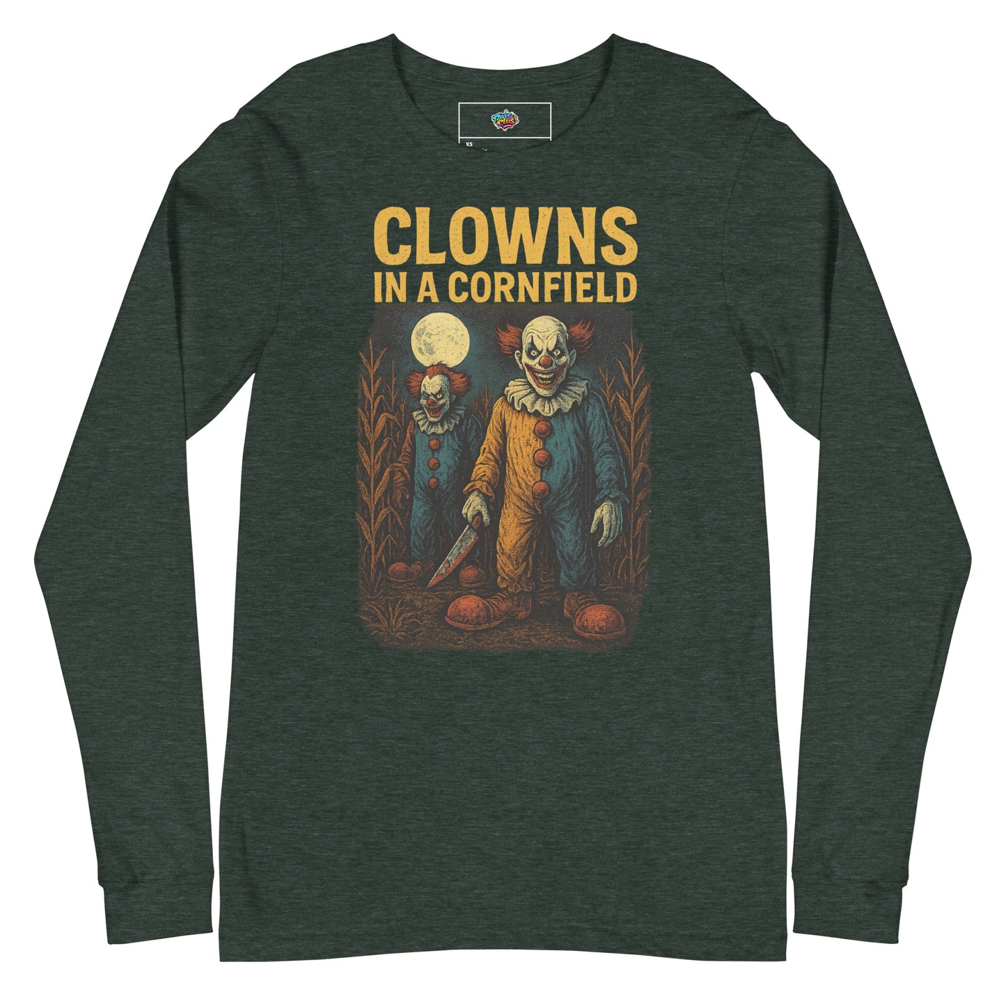 Clowns in a Cornfield Unisex Long Sleeve Tee  from Rare Plus Apparel – unique movie & pop culture inspired design.
