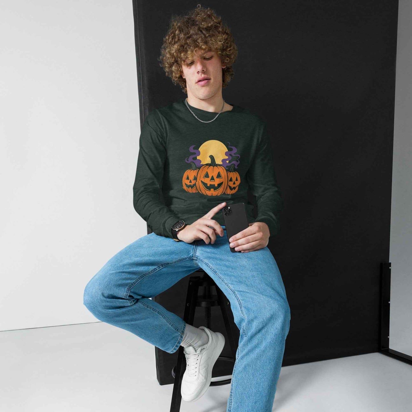 “Midnight Pumpkins” The Jack-O-Lantern Parade Unisex Long Sleeve Tee