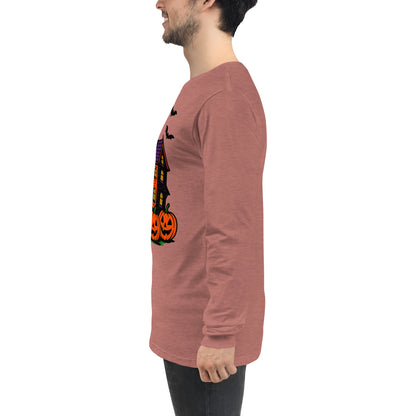 Haunted Halloween House Unisex Long Sleeve Tee  from Rare Plus Apparel – unique movie & pop culture inspired design.