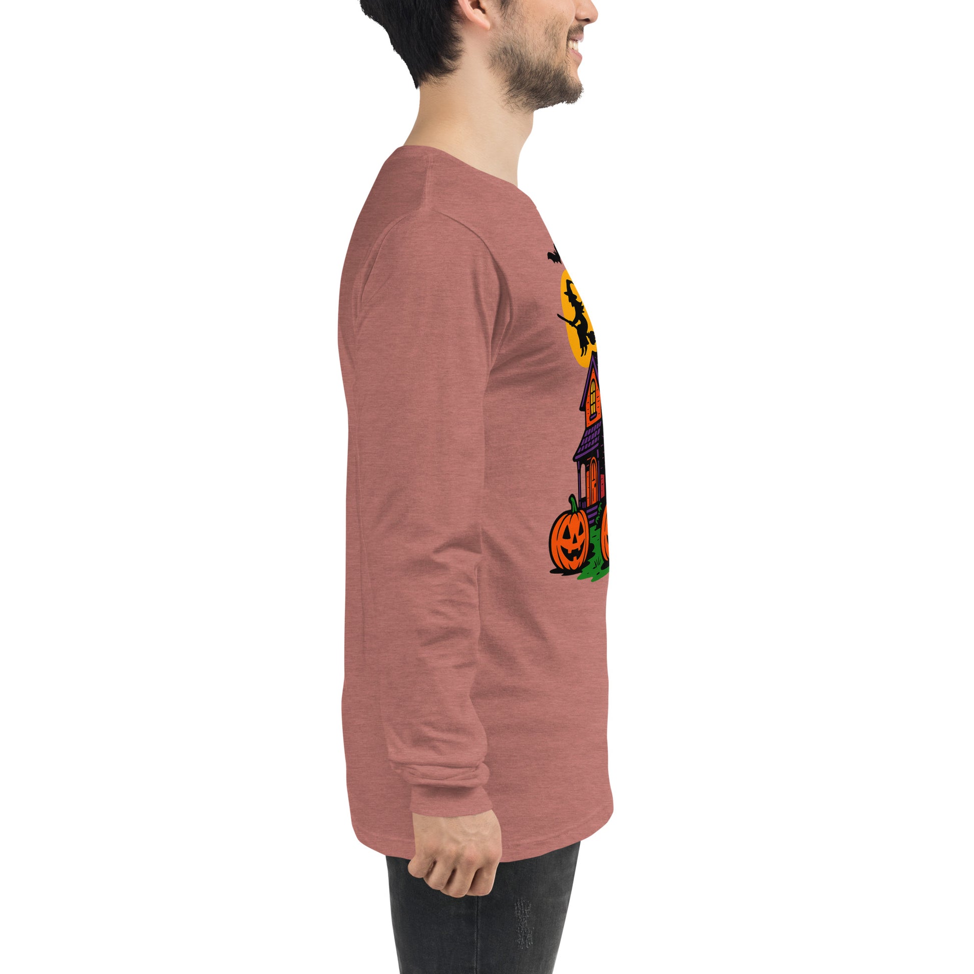 Haunted Halloween House Unisex Long Sleeve Tee  from Rare Plus Apparel – unique movie & pop culture inspired design.