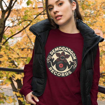 Demogorgon Records Unisex Long Sleeve Tee  from Rare Plus Apparel – unique movie & pop culture inspired design.