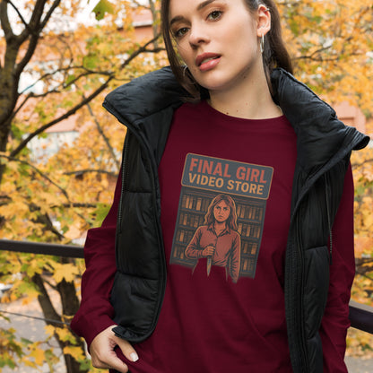 Final Girl Video Store Unisex Long Sleeve Tee  from Rare Plus Apparel – unique movie & pop culture inspired design.
