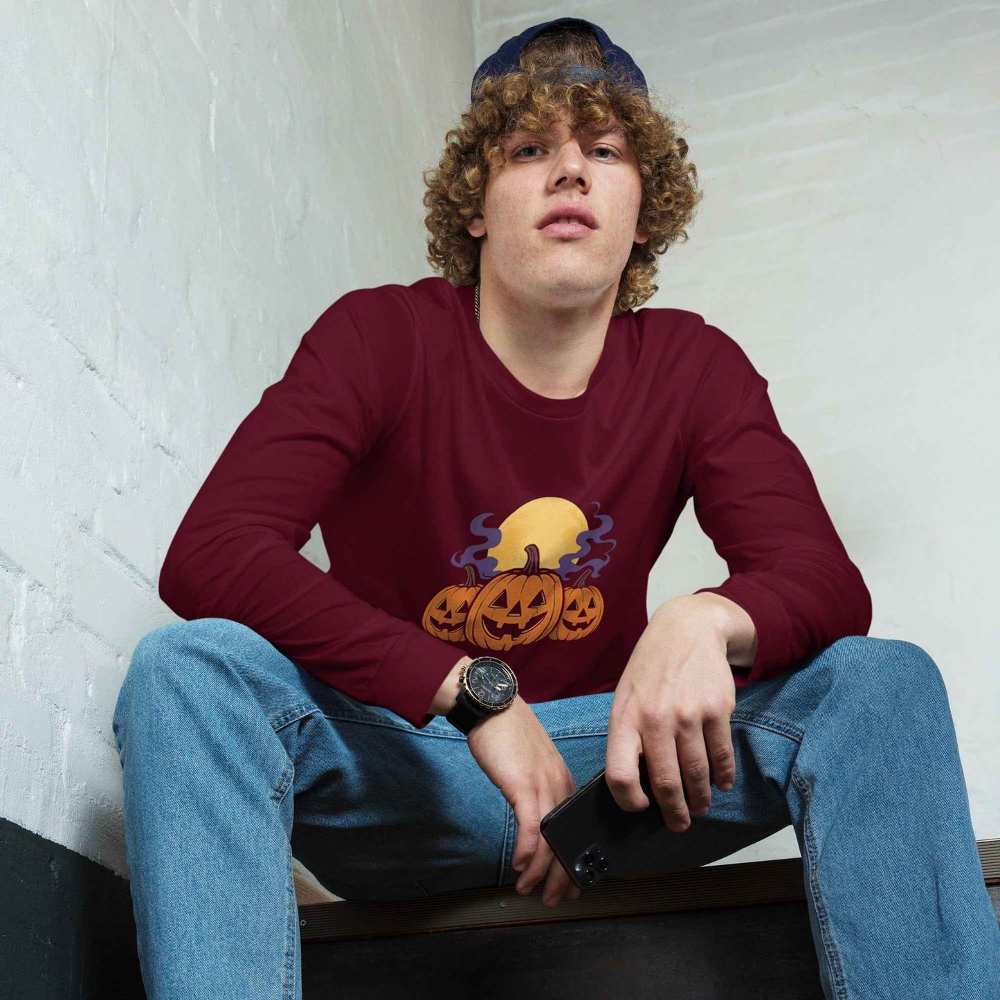“Midnight Pumpkins” The Jack-O-Lantern Parade Unisex Long Sleeve Tee