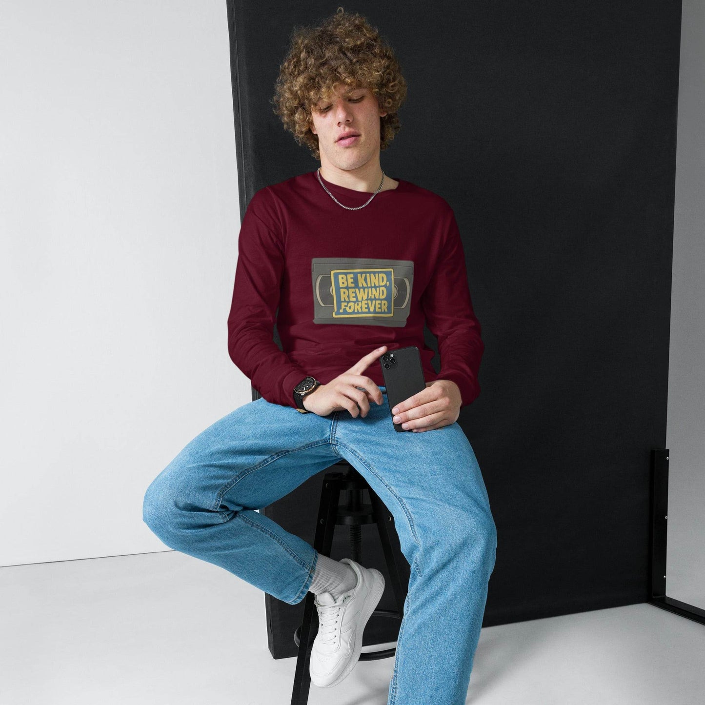 Be Kind, Rewind Forever Unisex Long Sleeve Tee  from Rare Plus Apparel – unique movie & pop culture inspired design.