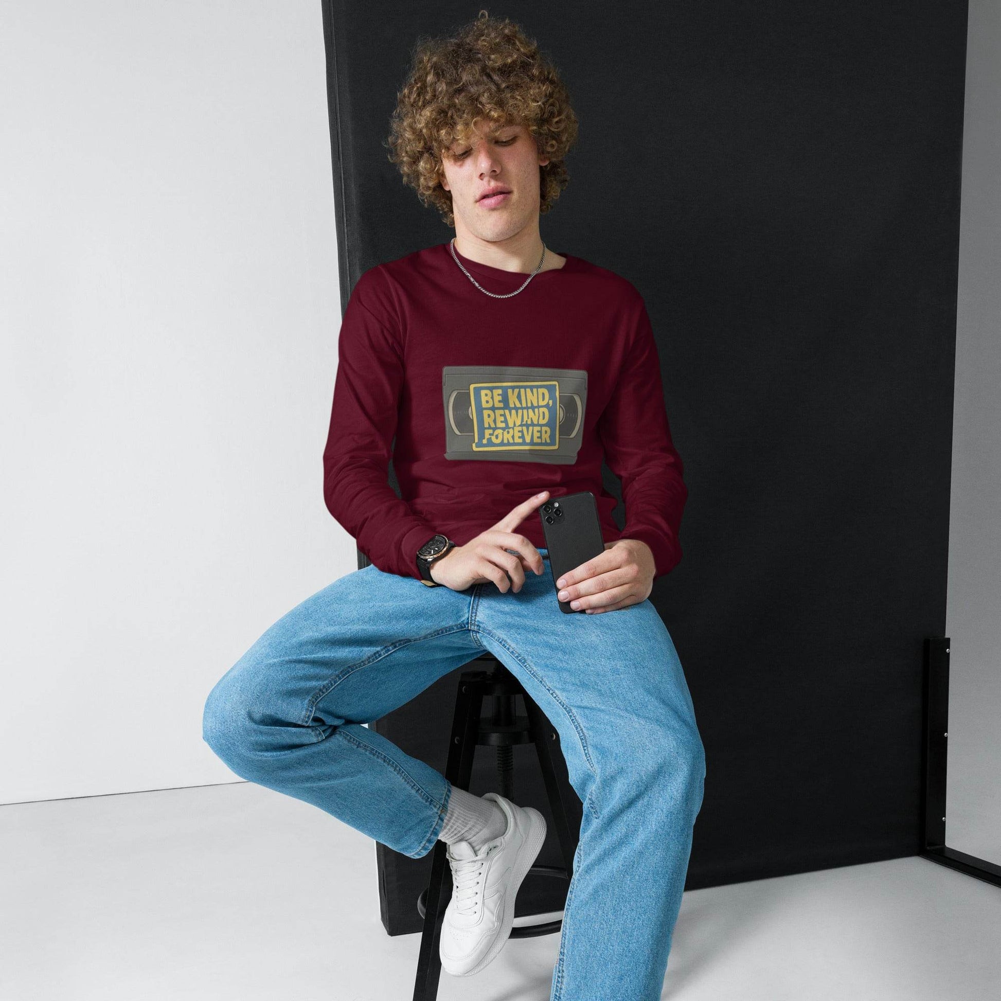Be Kind, Rewind Forever Unisex Long Sleeve Tee  from Rare Plus Apparel – unique movie & pop culture inspired design.