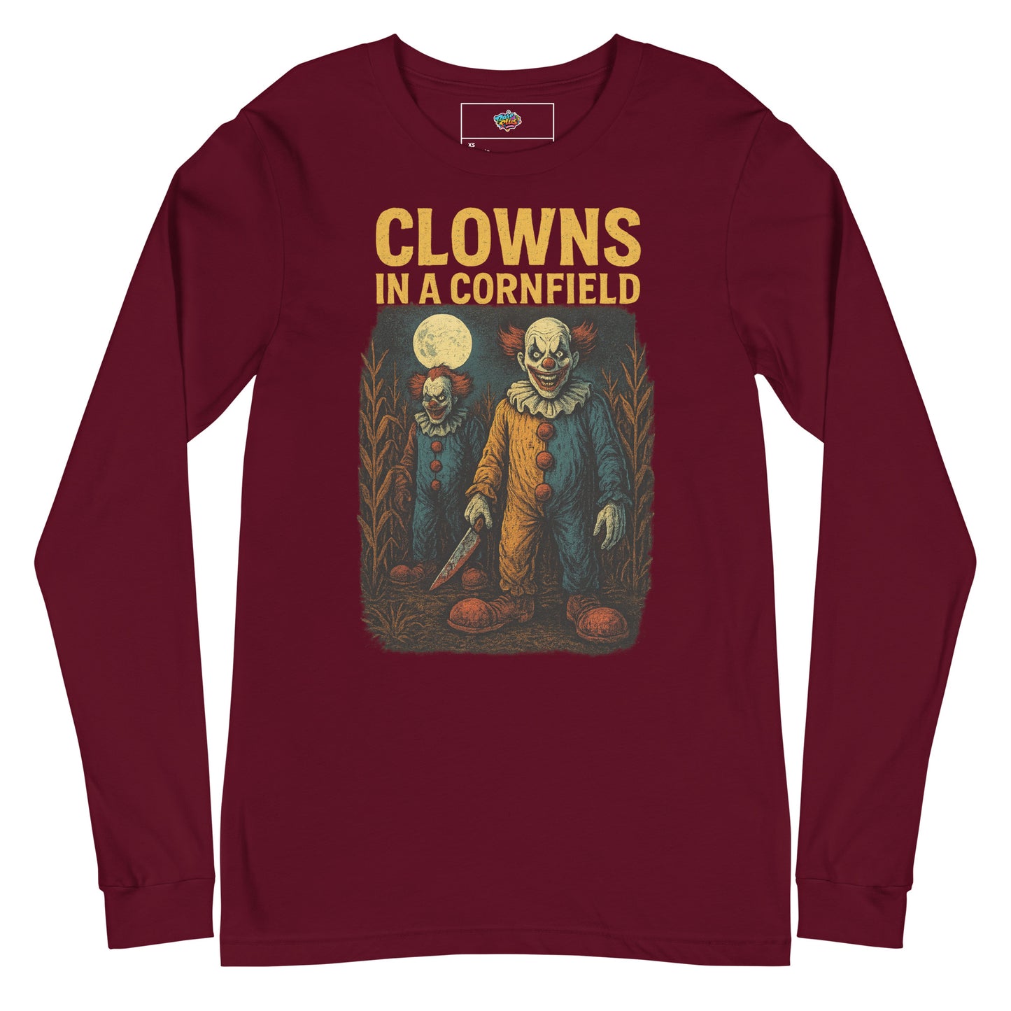 Clowns in a Cornfield Unisex Long Sleeve Tee  from Rare Plus Apparel – unique movie & pop culture inspired design.
