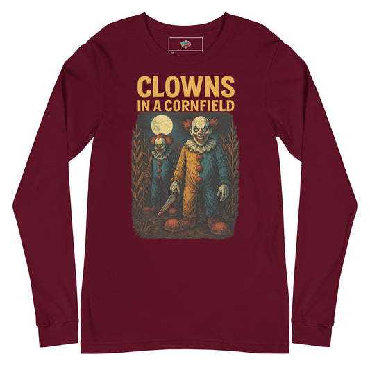 Clowns in a Cornfield Unisex Long Sleeve Tee  from Rare Plus Apparel – unique movie & pop culture inspired design.