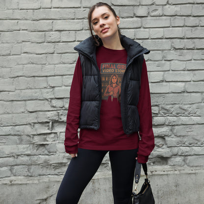 Final Girl Video Store Unisex Long Sleeve Tee  from Rare Plus Apparel – unique movie & pop culture inspired design.