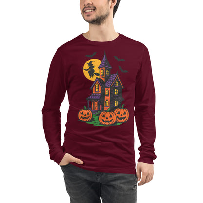 Haunted Halloween House Unisex Long Sleeve Tee  from Rare Plus Apparel – unique movie & pop culture inspired design.