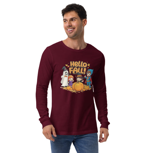 Hello Fall Unisex Long Sleeve Tee  from Rare Plus Apparel – unique movie & pop culture inspired design.