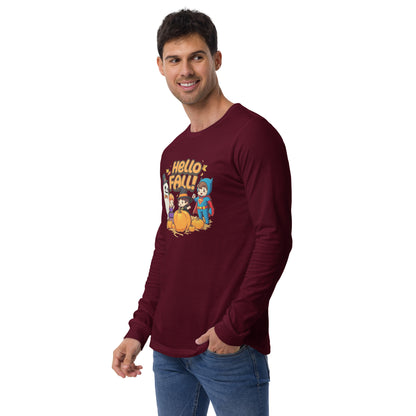 Hello Fall Unisex Long Sleeve Tee  from Rare Plus Apparel – unique movie & pop culture inspired design.