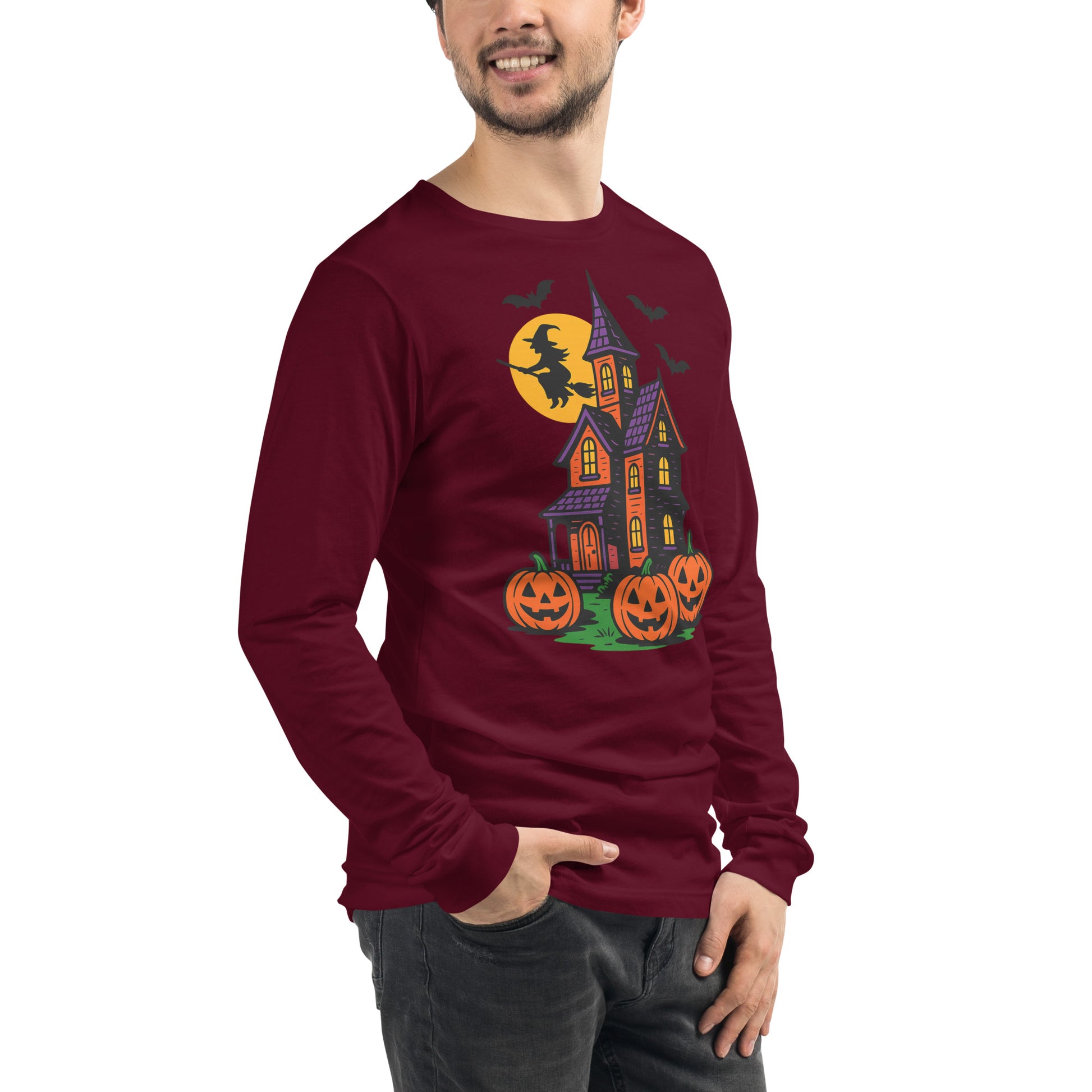 Haunted Halloween House Unisex Long Sleeve Tee  from Rare Plus Apparel – unique movie & pop culture inspired design.