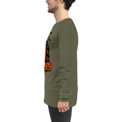 Haunted Halloween House Unisex Long Sleeve Tee  from Rare Plus Apparel – unique movie & pop culture inspired design.