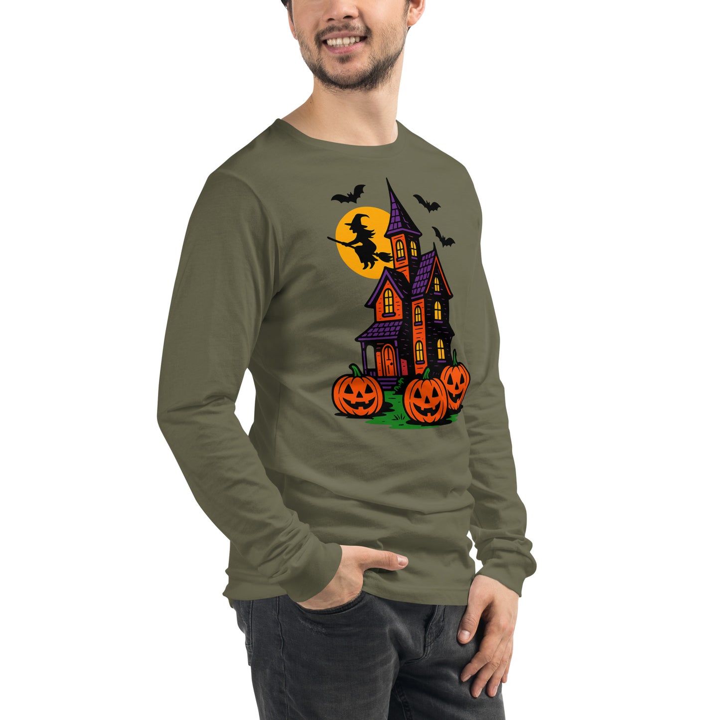 Haunted Halloween House Unisex Long Sleeve Tee  from Rare Plus Apparel – unique movie & pop culture inspired design.