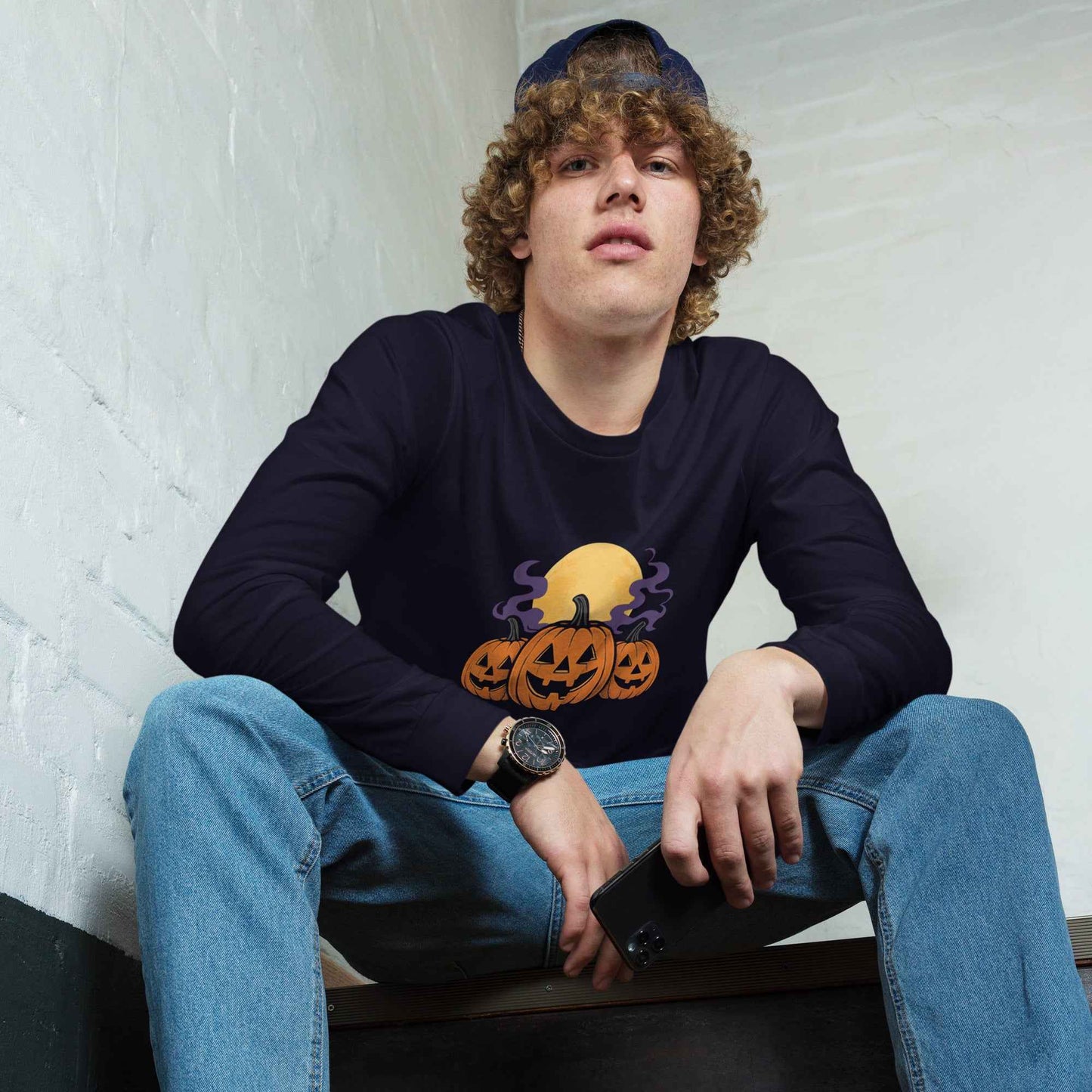 “Midnight Pumpkins” The Jack-O-Lantern Parade Unisex Long Sleeve Tee