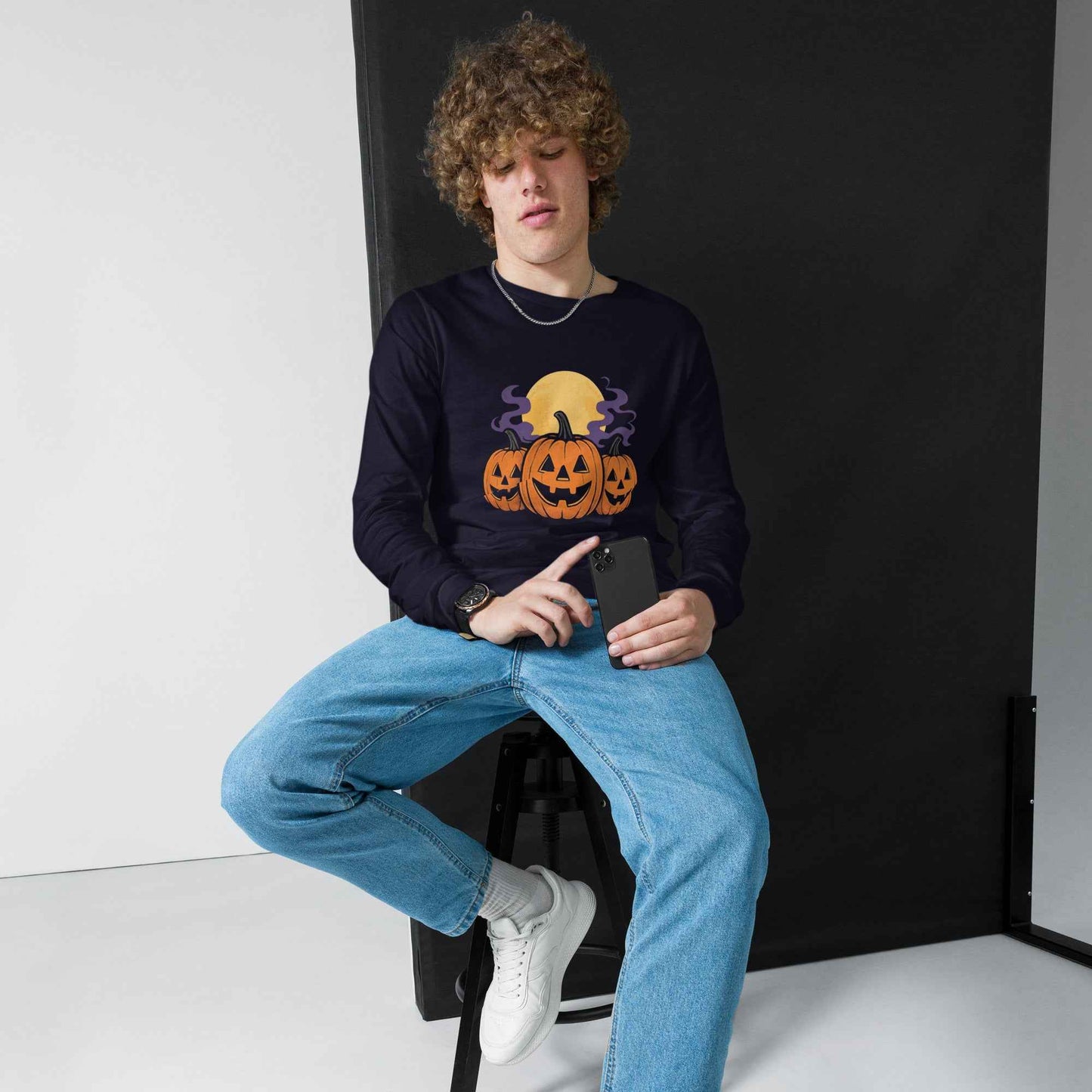 “Midnight Pumpkins” The Jack-O-Lantern Parade Unisex Long Sleeve Tee