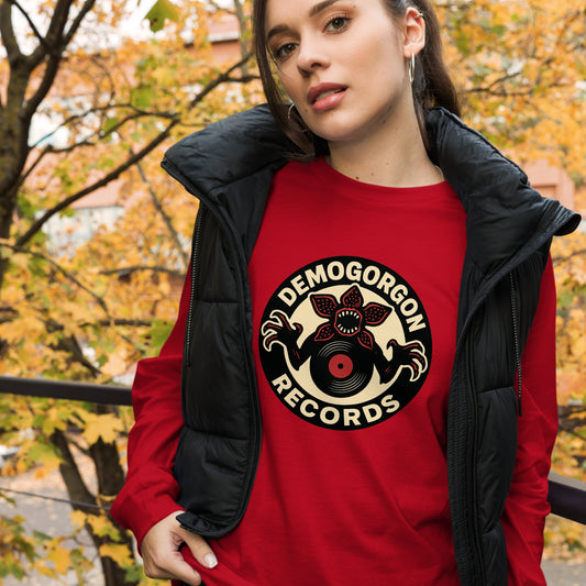 Demogorgon Records Unisex Long Sleeve Tee  from Rare Plus Apparel – unique movie & pop culture inspired design.