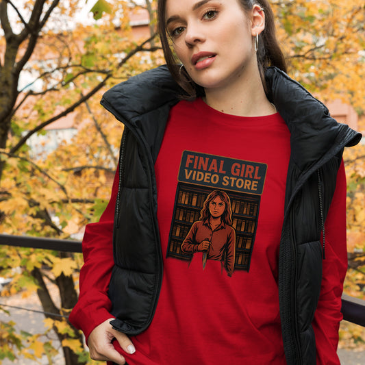 Final Girl Video Store Unisex Long Sleeve Tee  from Rare Plus Apparel – unique movie & pop culture inspired design.