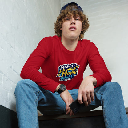 Make it a Physical Media Night Unisex Long Sleeve Tee  from Rare Plus Apparel – unique movie & pop culture inspired design.