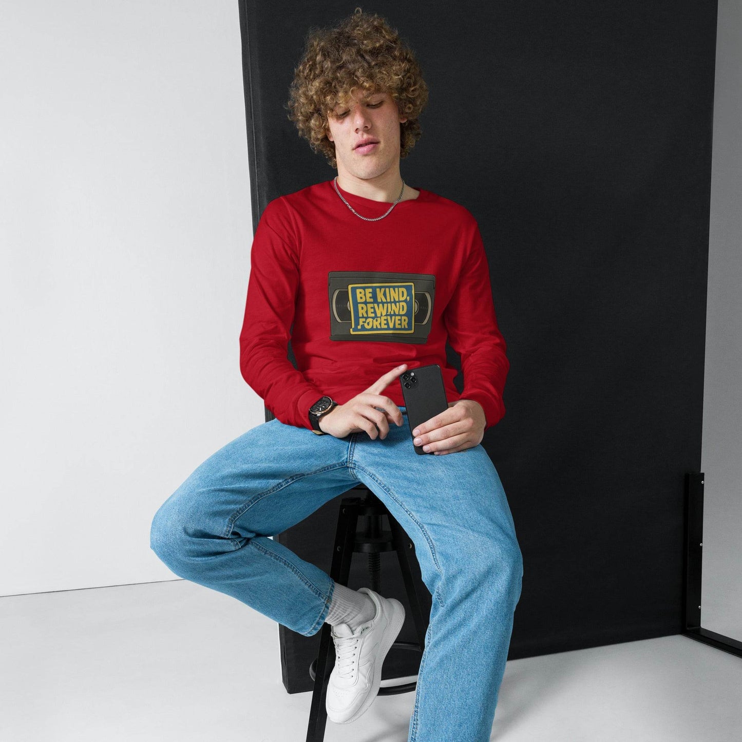 Be Kind, Rewind Forever Unisex Long Sleeve Tee  from Rare Plus Apparel – unique movie & pop culture inspired design.