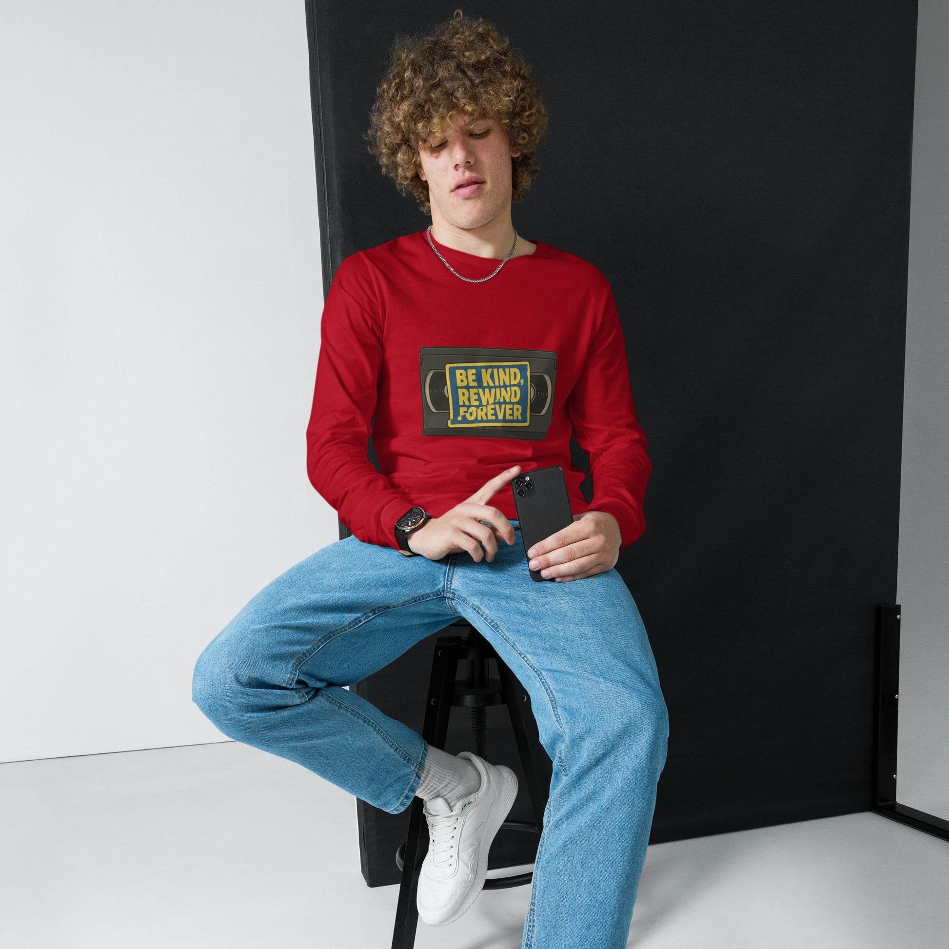 Be Kind, Rewind Forever Unisex Long Sleeve Tee  from Rare Plus Apparel – unique movie & pop culture inspired design.
