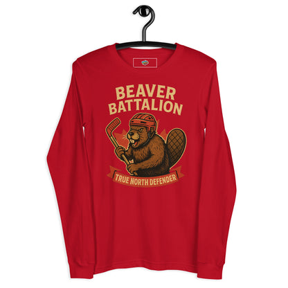 Beaver Battalion – True North Defender Unisex Long Sleeve Tee  from Rare Plus Apparel – unique movie & pop culture inspired design.