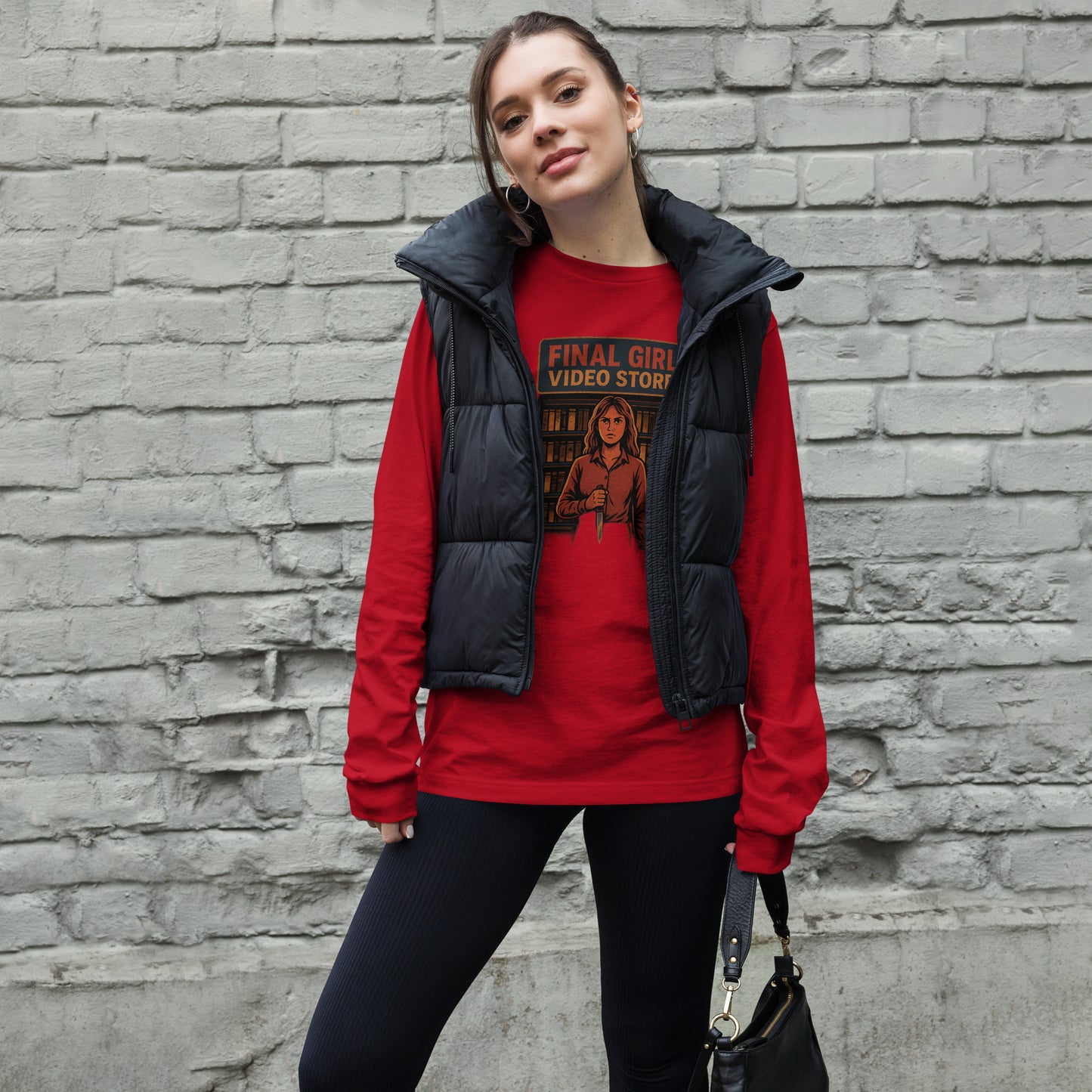 Final Girl Video Store Unisex Long Sleeve Tee  from Rare Plus Apparel – unique movie & pop culture inspired design.