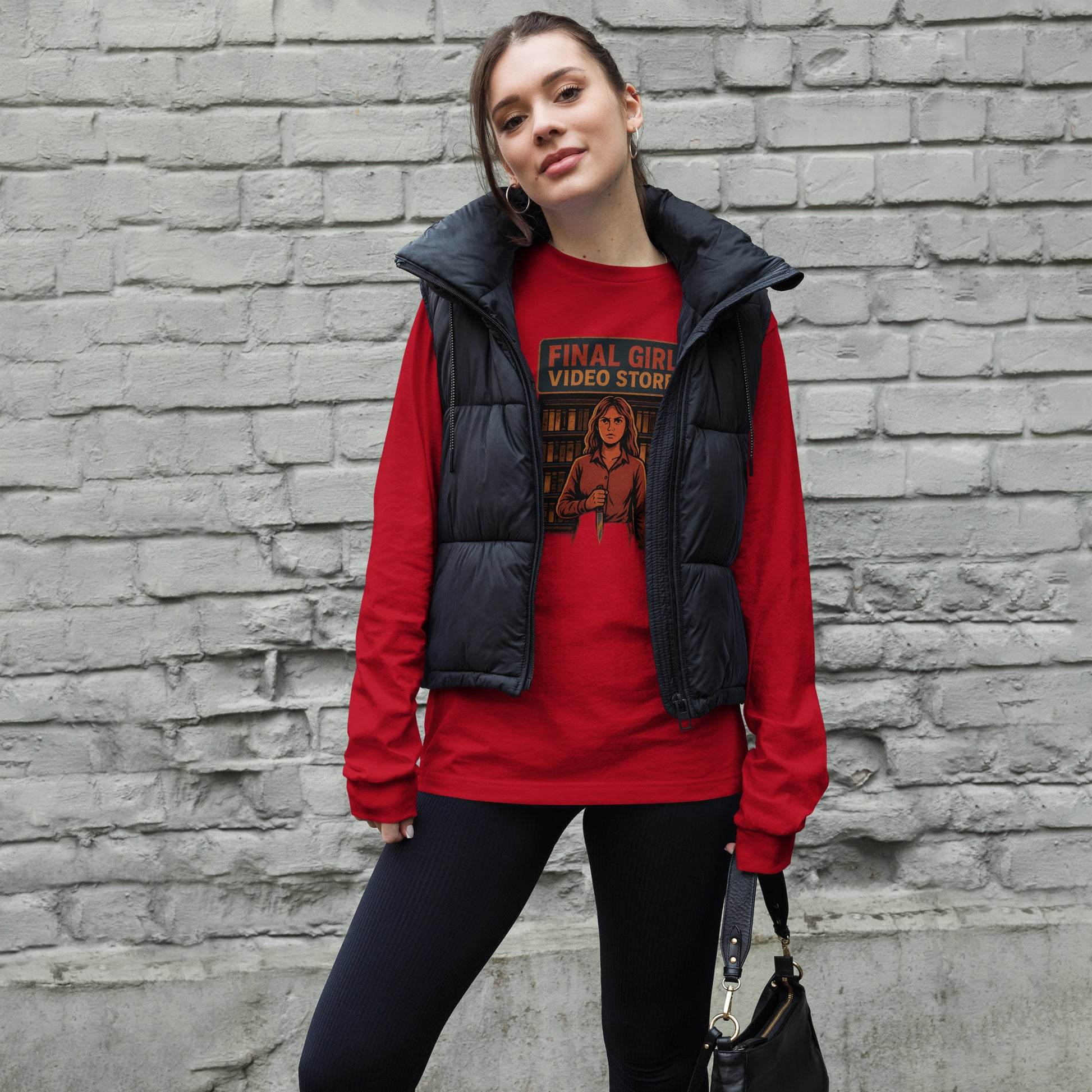 Final Girl Video Store Unisex Long Sleeve Tee  from Rare Plus Apparel – unique movie & pop culture inspired design.