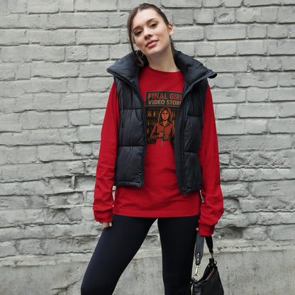 Final Girl Video Store Unisex Long Sleeve Tee  from Rare Plus Apparel – unique movie & pop culture inspired design.
