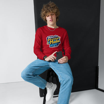 Make it a Physical Media Night Unisex Long Sleeve Tee  from Rare Plus Apparel – unique movie & pop culture inspired design.