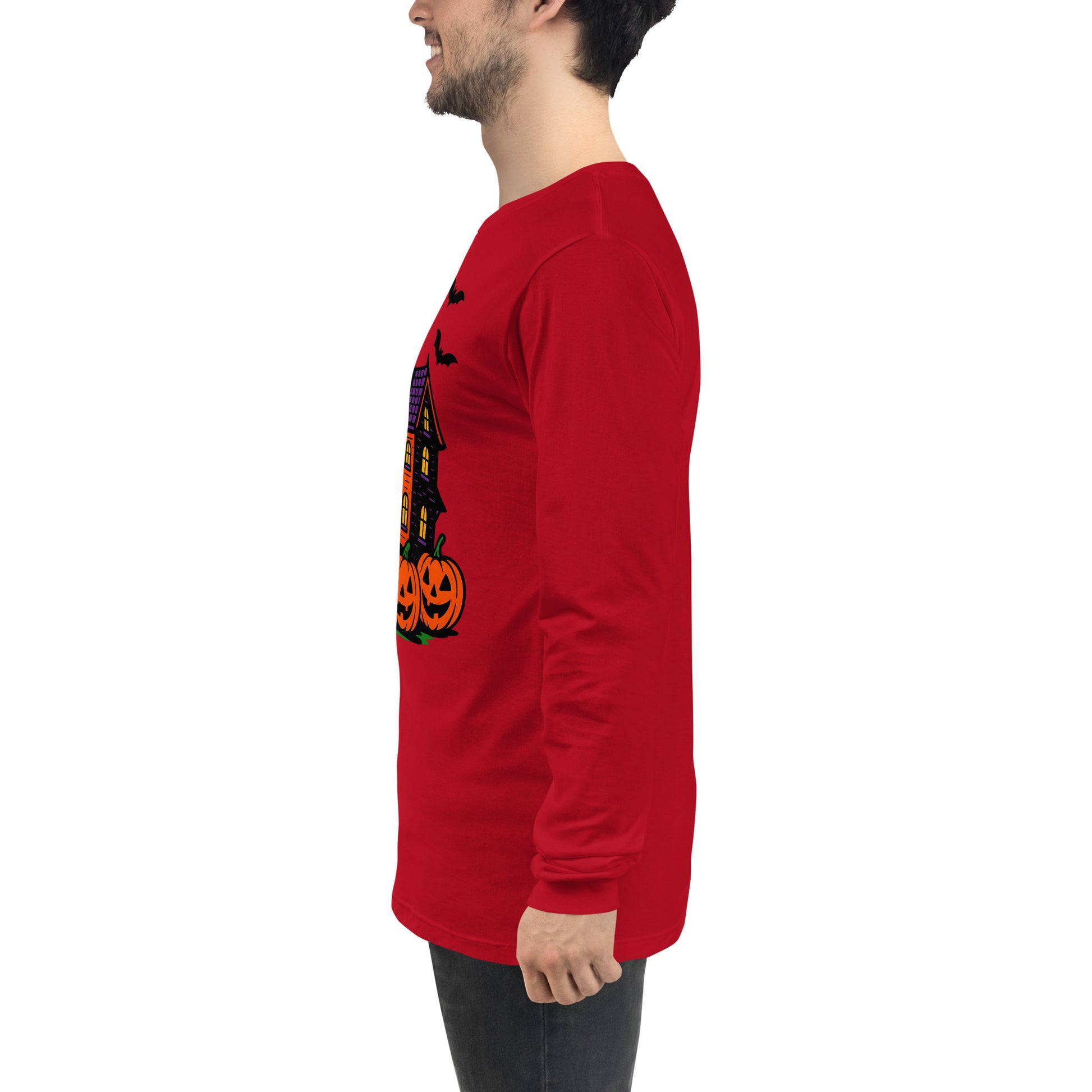 Haunted Halloween House Unisex Long Sleeve Tee  from Rare Plus Apparel – unique movie & pop culture inspired design.
