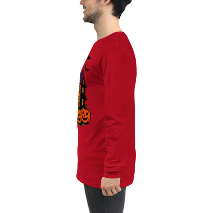 Haunted Halloween House Unisex Long Sleeve Tee  from Rare Plus Apparel – unique movie & pop culture inspired design.