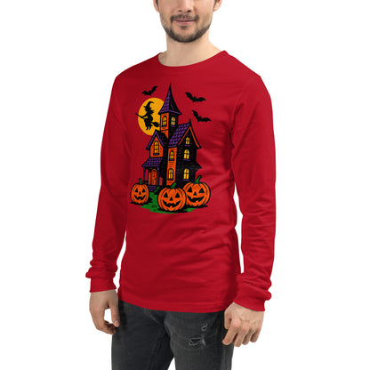 Haunted Halloween House Unisex Long Sleeve Tee  from Rare Plus Apparel – unique movie & pop culture inspired design.