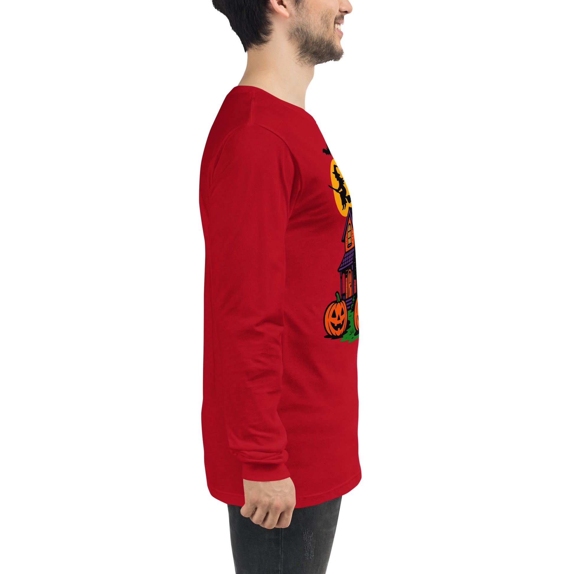 Haunted Halloween House Unisex Long Sleeve Tee  from Rare Plus Apparel – unique movie & pop culture inspired design.
