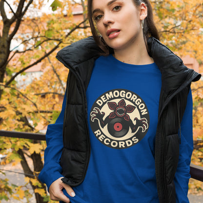 Demogorgon Records Unisex Long Sleeve Tee  from Rare Plus Apparel – unique movie & pop culture inspired design.