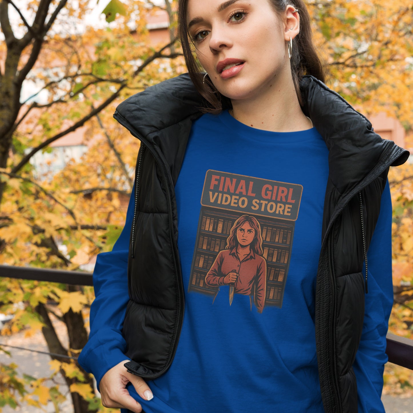 Final Girl Video Store Unisex Long Sleeve Tee  from Rare Plus Apparel – unique movie & pop culture inspired design.