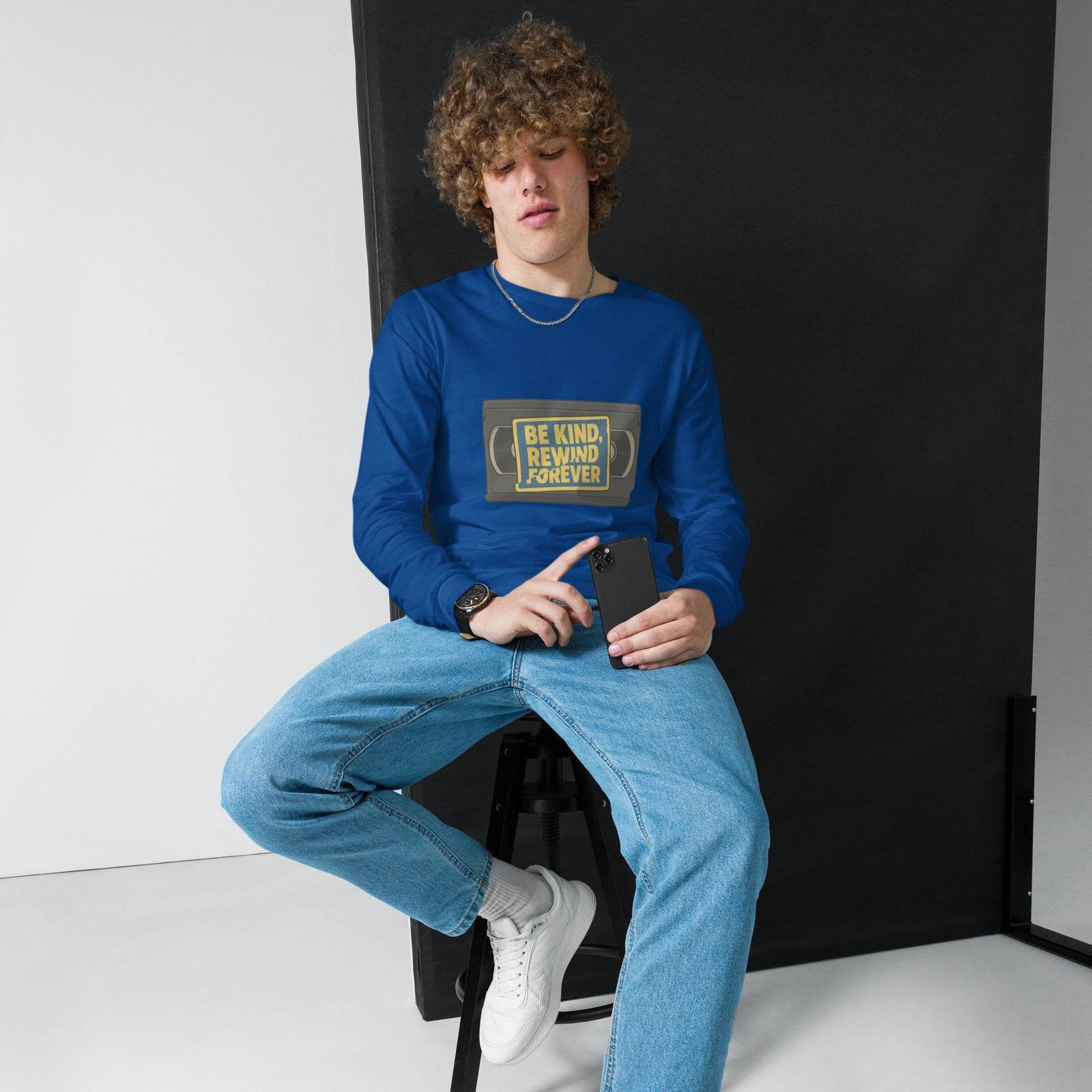 Be Kind, Rewind Forever Unisex Long Sleeve Tee  from Rare Plus Apparel – unique movie & pop culture inspired design.