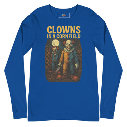 Clowns in a Cornfield Unisex Long Sleeve Tee  from Rare Plus Apparel – unique movie & pop culture inspired design.