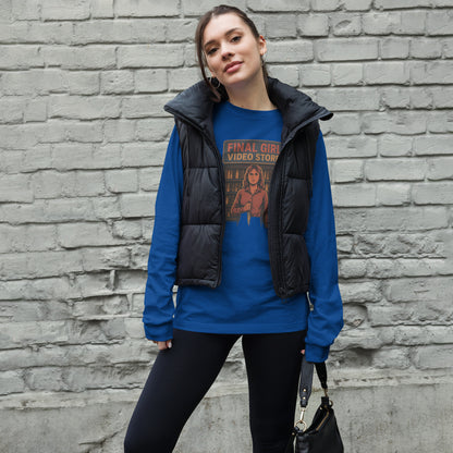 Final Girl Video Store Unisex Long Sleeve Tee  from Rare Plus Apparel – unique movie & pop culture inspired design.