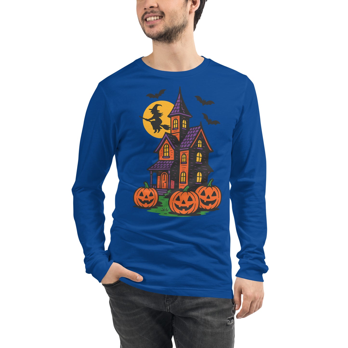 Haunted Halloween House Unisex Long Sleeve Tee  from Rare Plus Apparel – unique movie & pop culture inspired design.