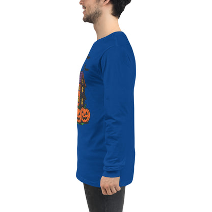 Haunted Halloween House Unisex Long Sleeve Tee  from Rare Plus Apparel – unique movie & pop culture inspired design.