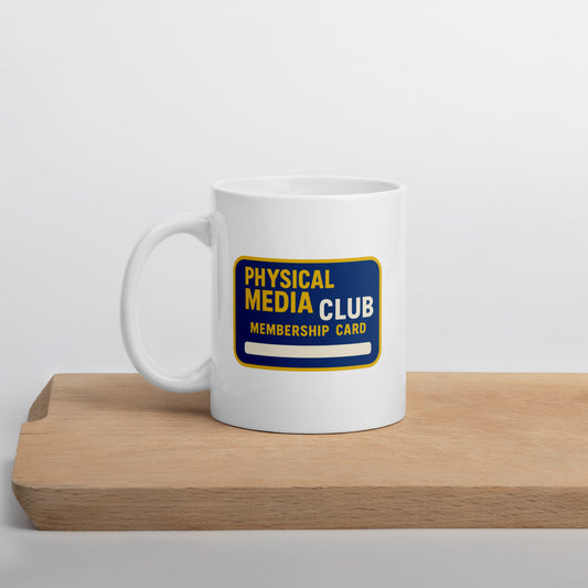 Physical Media Club White glossy mug  from Rare Plus Apparel – unique movie & pop culture inspired design.
