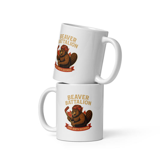 Beaver Battalion – True North Defender White glossy mug  from Rare Plus Apparel – unique movie & pop culture inspired design.